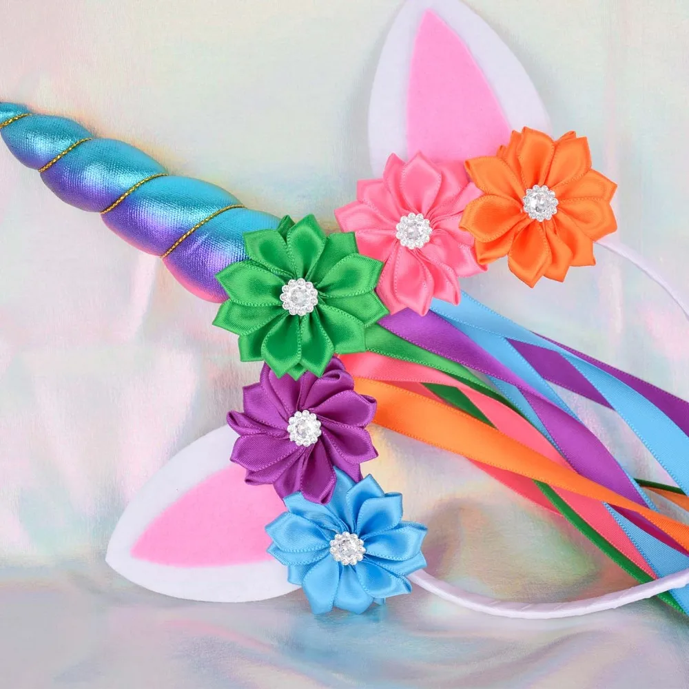 Rainbow Unicorn Headband Girls Toddler Flowers Birthday Party Headbands with Long Ribbon Kids Hair Accessories | Детская одежда и