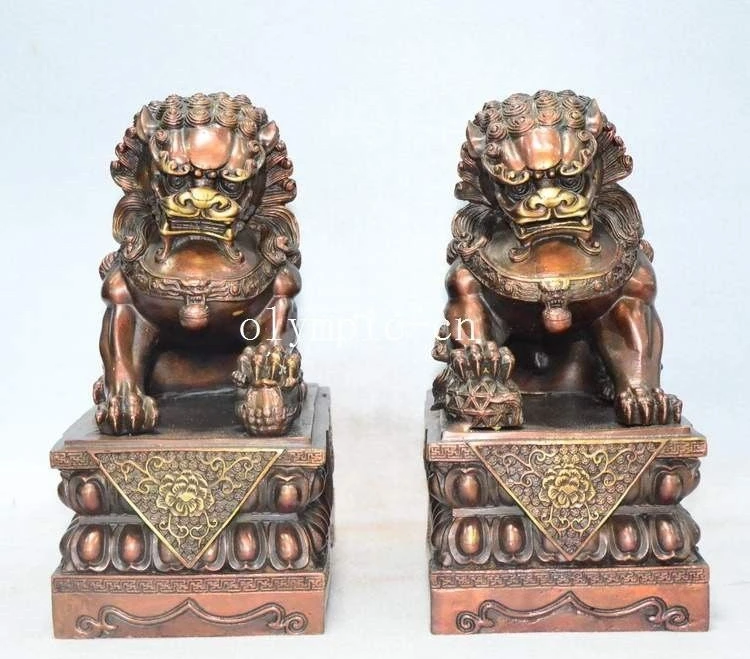 

Pair 10'' red bronze home fengshui exorcise evil spirits beast foo dogs lion