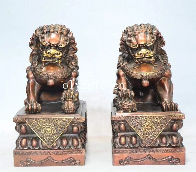 Pair 10'' red bronze home fengshui exorcise evil spirits beast foo dogs lion