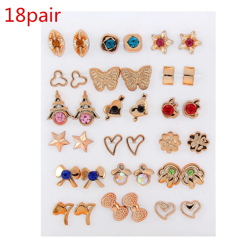 18pair gold 36 пар, модные серьги-гвоздики с бантом, снежинка, кошка, набор, ручная работа, Мультяшные Сережки для женщин, девочек, детей, ювелирное изделие, подарок на год - Окраска металла: 18pair gold