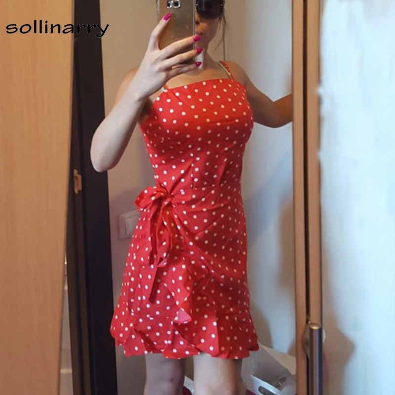 Sollinary Yellow spaghetti strap dot summer beach dress Short sexy women Chic bow ruffles party casual vestidos 2018 | Женская одежда