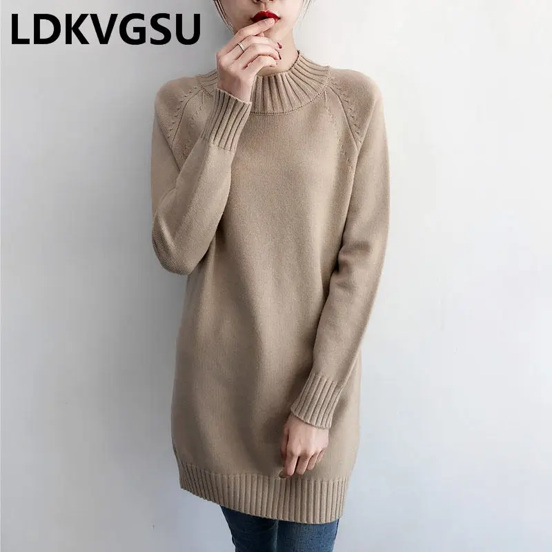 Long Sweater Female 2019 Autumn Winter New Women's Korean Loose Large Size Thick Round Neck Solid Color Knit Dress Is1559 | Женская
