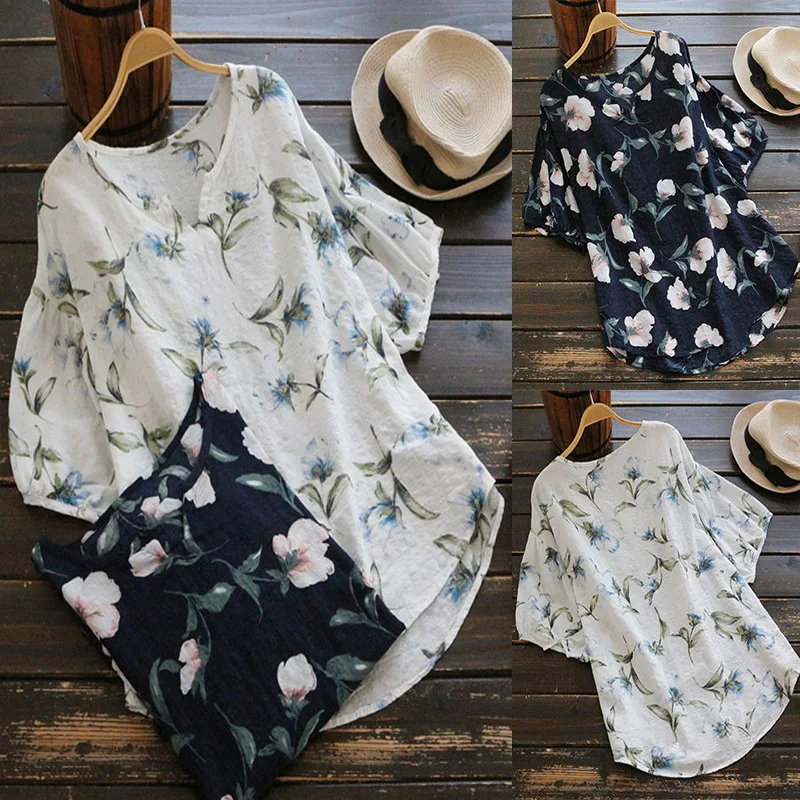 Женская хлопковая льняная футболка chemise femme pull shirt футболка с коротким рукавом с цветочным винтажным принтом, удобные футболки