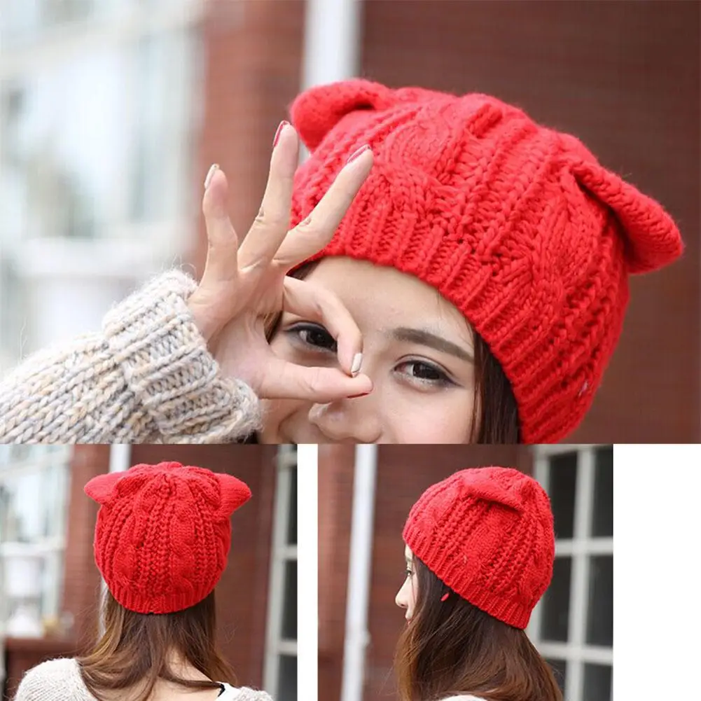 Модные женские зимние шапки из шерсти для девушек вязаные с кошачьими ушами