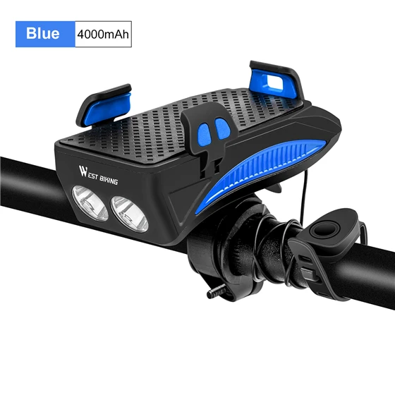 WEST BIKING велосипедный светильник, заряжаемый от USB, флэш-светильник, держатель для телефона, велосипедная лампа 2000/4000 мАч, внешний аккумулятор, велосипедный рожок, светодиодный светильник - Цвет: 4000mAh Blue