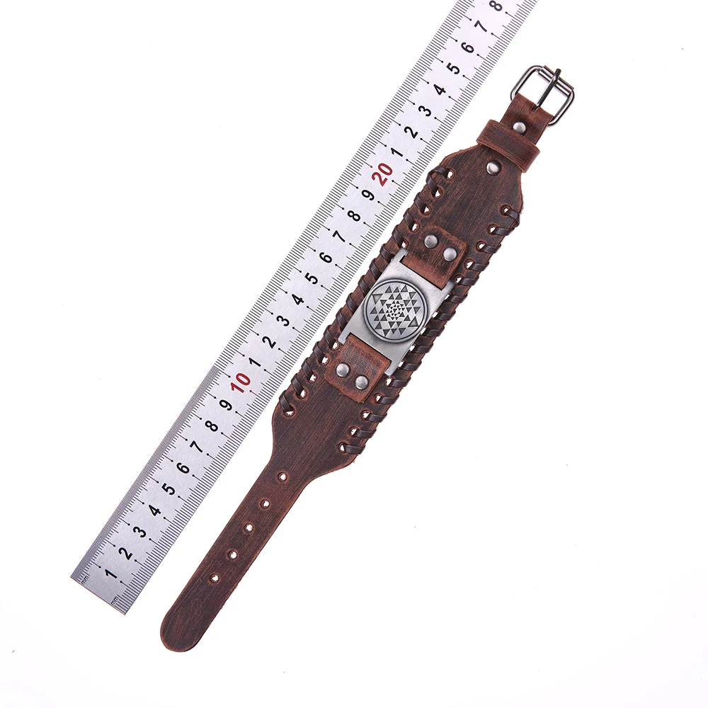 Teamer Antique Silver Copper Bronze Metal Bracelets Black Brown Wide Leather Bracelet Vintage Triangle In Round Charm | Украшения и
