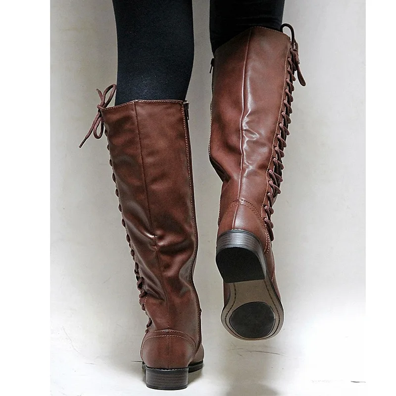 LAKESHI Women Boots 2018 Ladies Long Autumn Winter Riding Lace Up Flat Square Heels Motorcycle Female Booties | Обувь