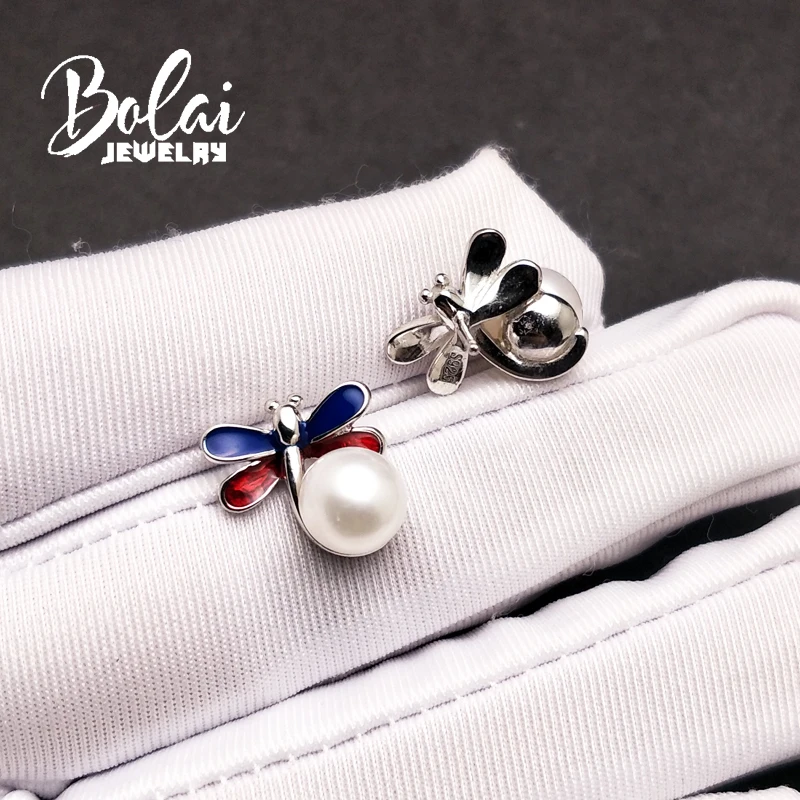 Bolaijewelry, жемчужные серьги-гвоздики круглый 7,0 мм Стрекоза простой дизайн 925 стерлингового серебра ювелирные украшения для девочек подарок на день рождения