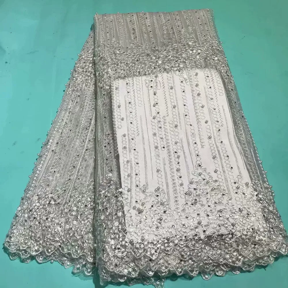 beaded lines embroidered african cord lace net fabric with beads 5yds high quality swiss guipure for wedding | Дом и сад
