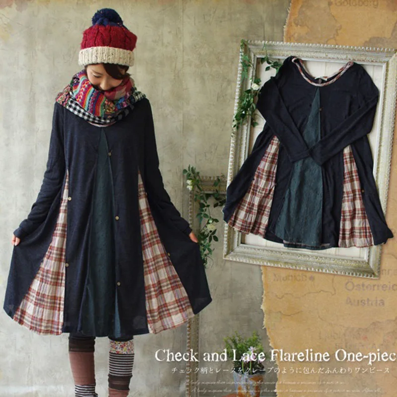 

Japanese Spring Autumn Mori Girl Dress Women's Lolita Loose Cotton Linen Patchwork Cute Plaid Female Vestido Princess Dress C213