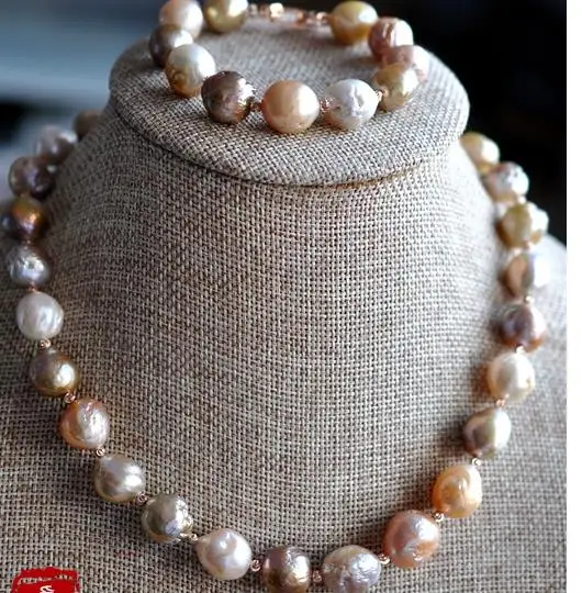 

AAA 12-14mm south sea baroque multicolor pearl necklace &bracelet 7.5-8"