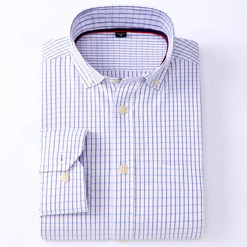 XNJF15 plaid shirt Мужская рубашка с длинным рукавом, Стандартная посадка, однотонная и клетчатая/полосатая рубашка, оксфордская Мужская одежда, рубашки синие, повседневная, Camisa Social, 5XL 6XL - Цвет: XNJF15 plaid shirt