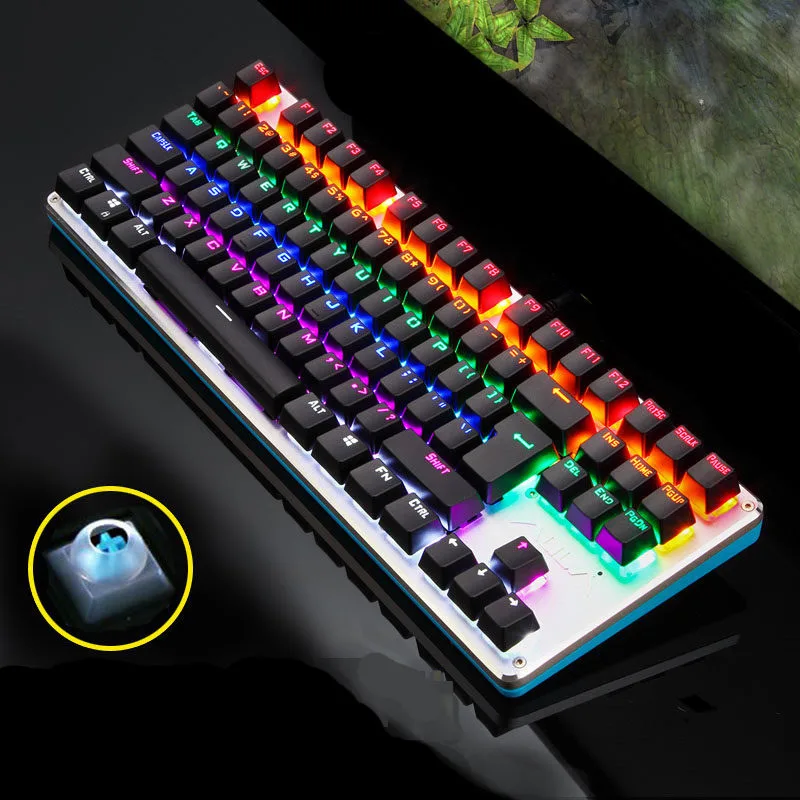 87 colorful black AULA механическая клавиатура, синий переключатель, игровая подсветка, настольный компьютер, игровая Проводная клавиатура, 87/104 клавиш, добавляющая пыль, русская наклейка - Цвет: 87 colorful black