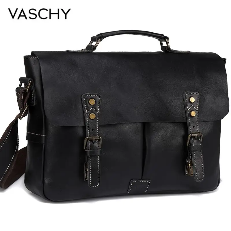 VASCHY Full Cowhide Leather Briefcase for Men Handmade Leather Messenger Bag Vintage Satchel 15.6 Laptop Business Shoulder Bag