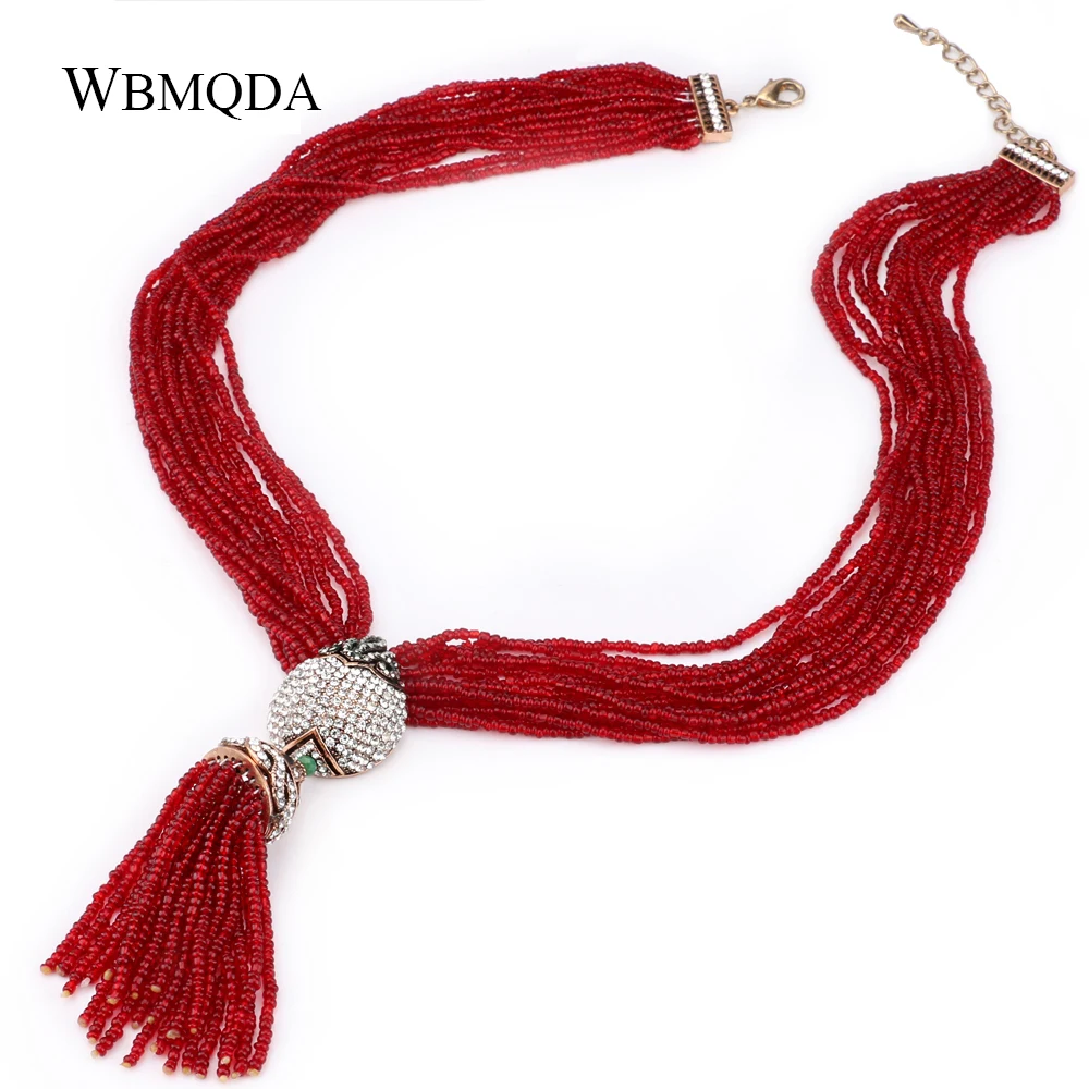 

Free Shipping Fashoin Tassel Pendant Choker Red White Beads Crystal Multi Layer Necklace With Semi-Precious Stones For Women