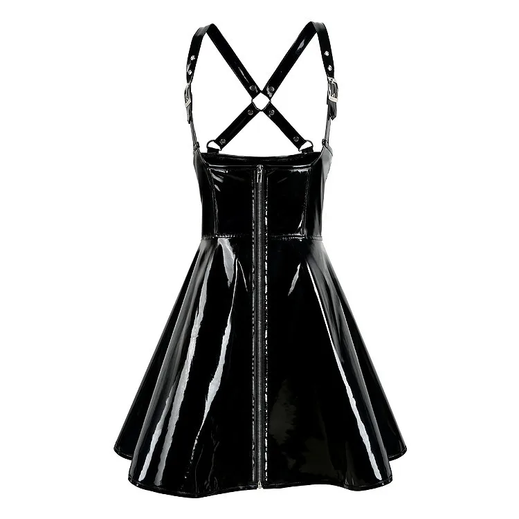 

Sexy Women Wet Look PVC Latex Leather Dress Bodycon Dress Black Sexy Club Party Dresses Vestidos Suspenders Club Dress
