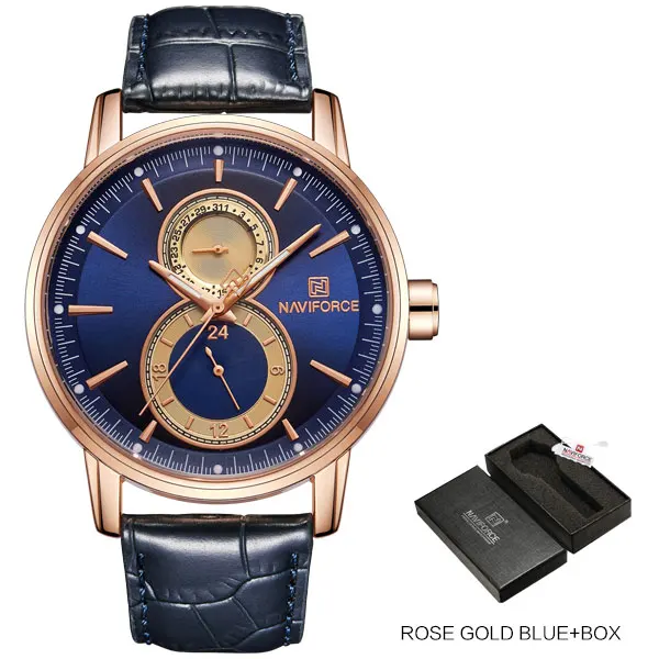 Rose Gold Blue Box NAVIFORCE мужские модные повседневные часы кожаные 24 часа Дата наручные часы мужские s водонепроницаемые аналоговые кварцевые наручные часы Masculino - Цвет: Rose Gold Blue Box