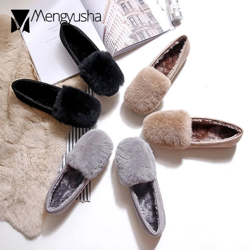 Большой size42/43 кроличий мех Женская обувь на плоской подошве без шнуровки Зимние