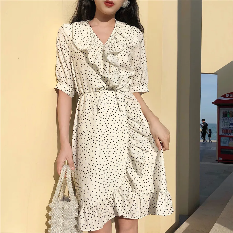 Красный Dot Ruffled Обёрточная бумага солнце платье Для женщин короткий рукав