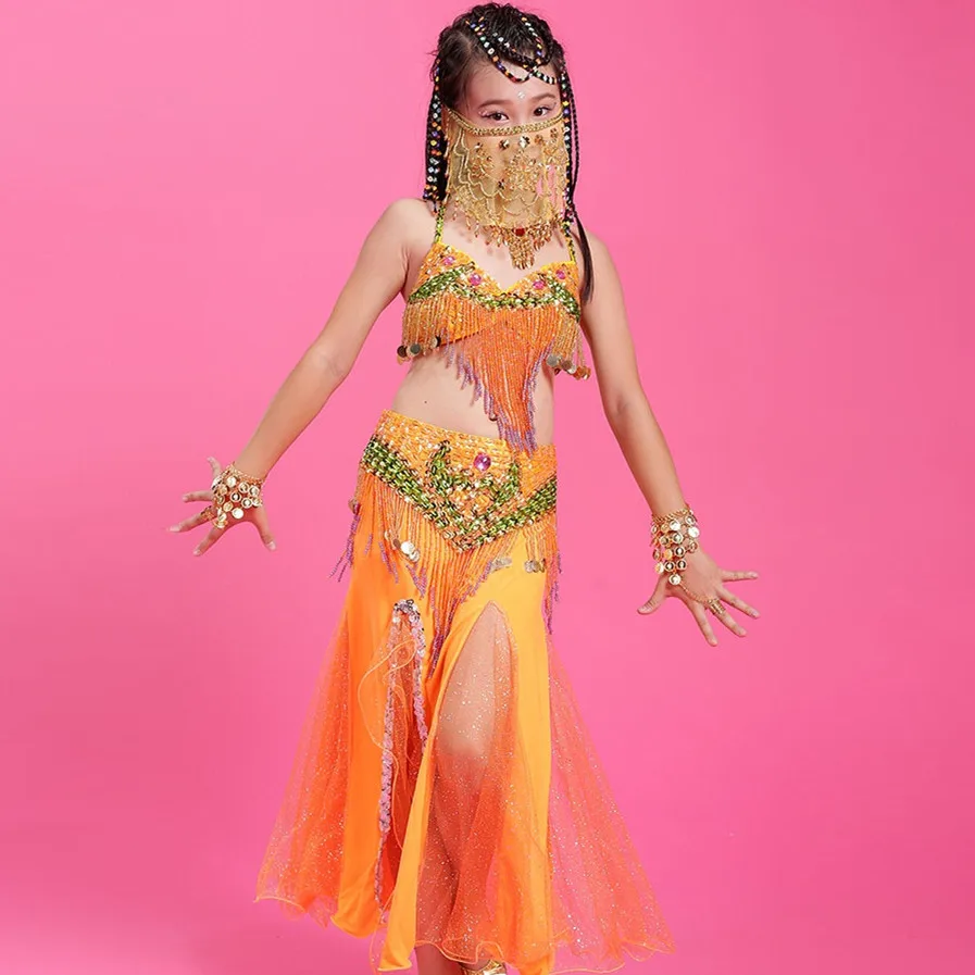 Костюм для девочек танца живота из 3 предметов зеленый/оранжевый (бюстгальтер +