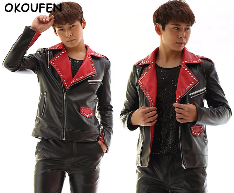 Star Styles Red &amp Black Leather Jacket Costumes Nightclub Bar Stage Concert Show DJ singer performance coat |