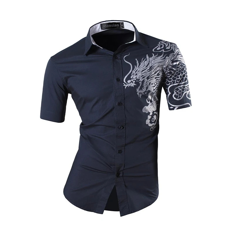 JZS056-Navy Sportrendy, мужские рубашки, повседневные, модные, короткий рукав, летние, облегающие, с драконом, стильные, с принтом таттон, JZS056 - Цвет: JZS056-Navy