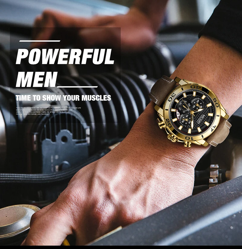 Relogio Masculino часы megir для мужские с большим циферблатом модные хронограф, мужские часы Роскошные брендовые кожаные Наручные часы мужские s