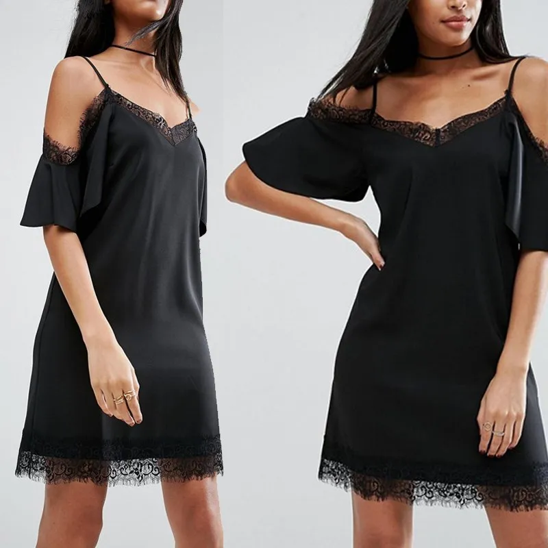 WOM Лето Cold Shoulder Dress 2017 Спагетти ремень короткий рукав Повседневное пикантные