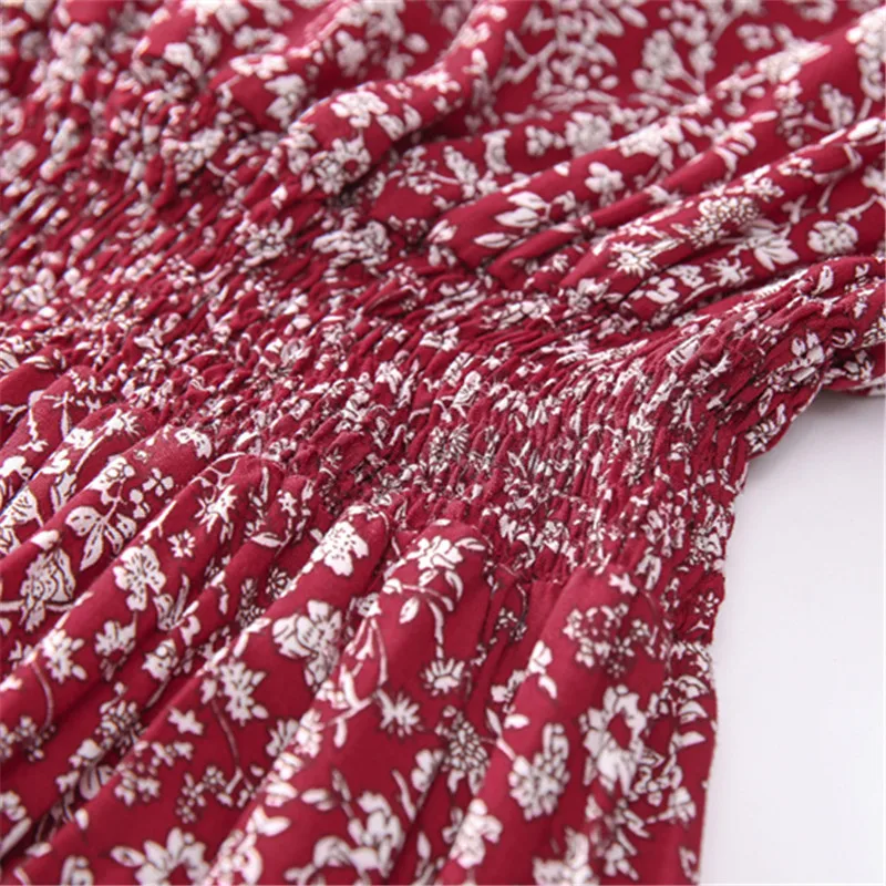 Bohemian Wine Red Floral Print Maxi Dresses V-neck Three Quarter Sleeve Long For Women Beach Clothes | Женская одежда