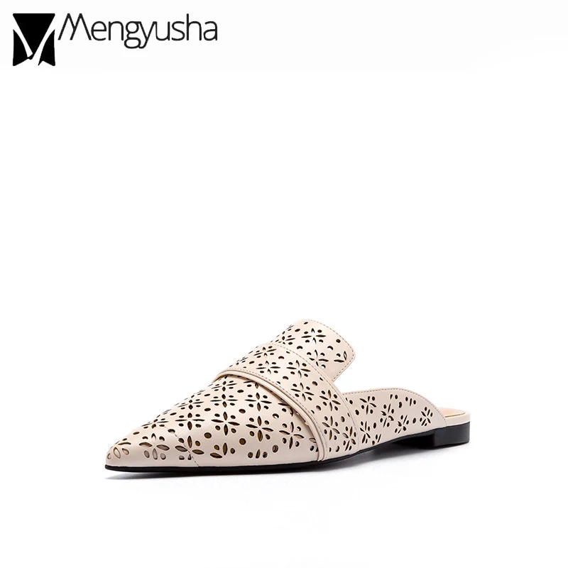 Мюли женские с острым носком сланцы вырезами пляжные тапочки плоская подошва