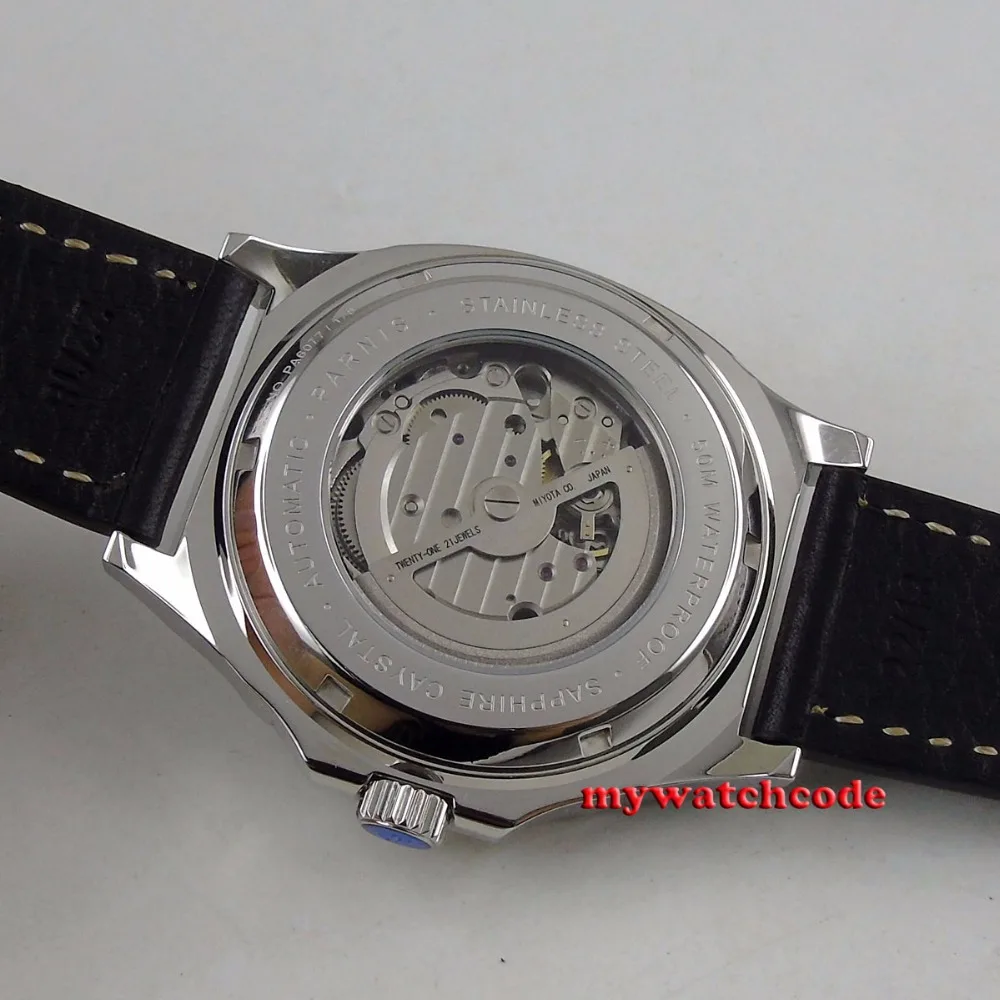 44MM Parnis Black Dial Date Window luminous Miyota 821A Automatic Movement Mens Watch Leather Band | Наручные часы