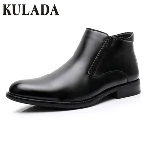 Мужские кожаные ботинки KULADA, коричневые теплые зимние ботинки с двухсторонней молнией и толстым мехом, большие размеры, 0924-1, зима 2019