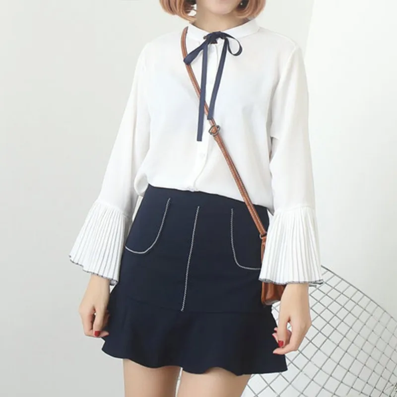 US Warehouse Blouse Women Korean Stand Collar Chiffon solid Shirts Spring Bow Tie Flare Sleeve Elegant Shirt Blue Pink Blusas | Женская