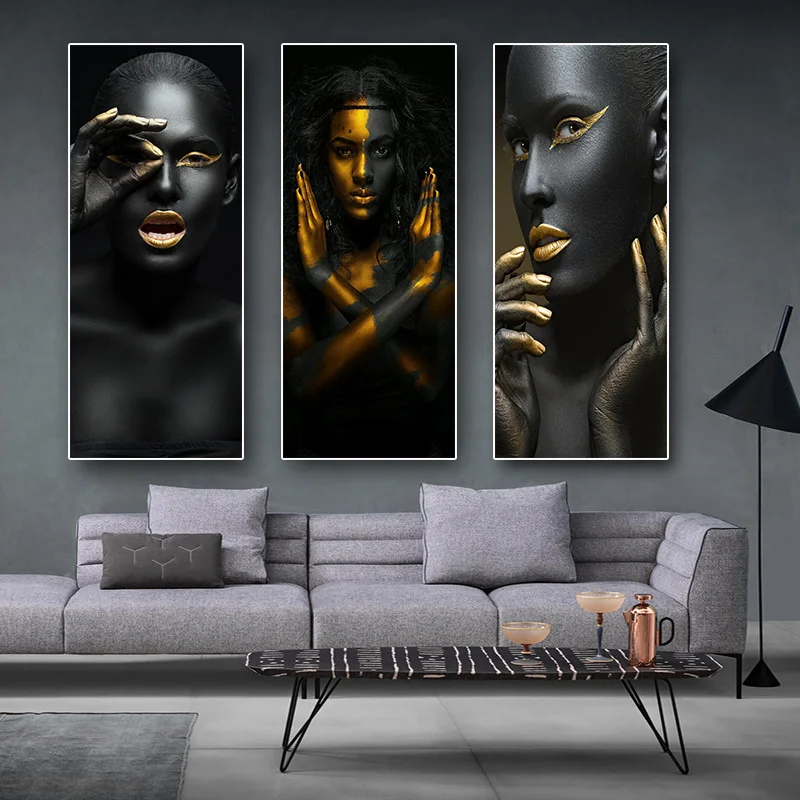 

Холст в скандинавском стиле, настенное искусство, черная, золотая, Африканская женщина, модульный домашний декор, картина, принты, постер дл...