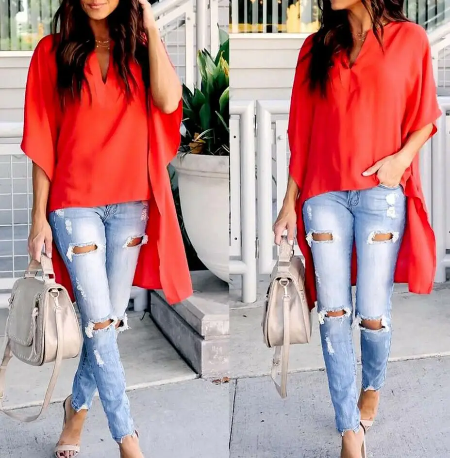Оранжевый Summer Chiffon Tops Women Blouses Vintage Colors Casual Ruffles Flare Large Elegant Loose Befreee Boho Plus Sizes Shirts - Цвет: Оранжевый