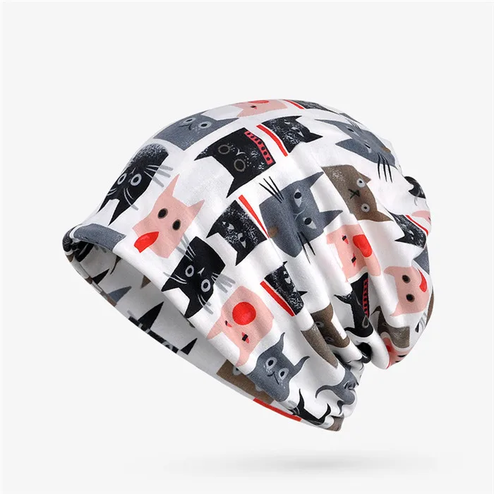 white Осень Зима Skullies шапочки конский хвост шапки Теплый тюрбан шапка женская мода милый Принт кошки шарф женский шейный шарф шапка двойного назначения - Цвет: white