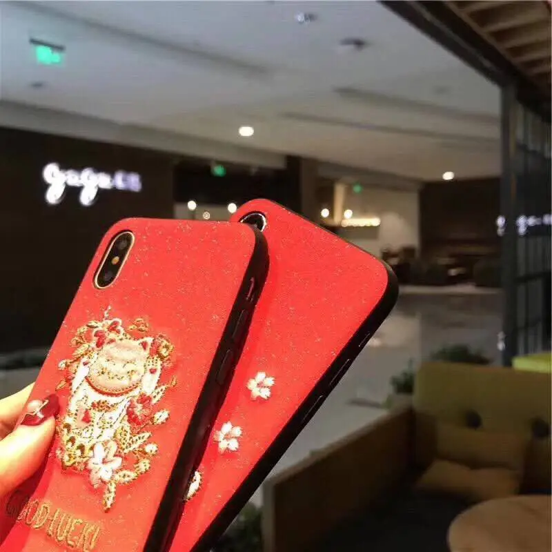 Udapakoo New Style Embroidery Cute Case for iPhone 6s Lucky Fortune Cat TPU Cover 6 7 8 plus X Year Gifts | Мобильные телефоны и