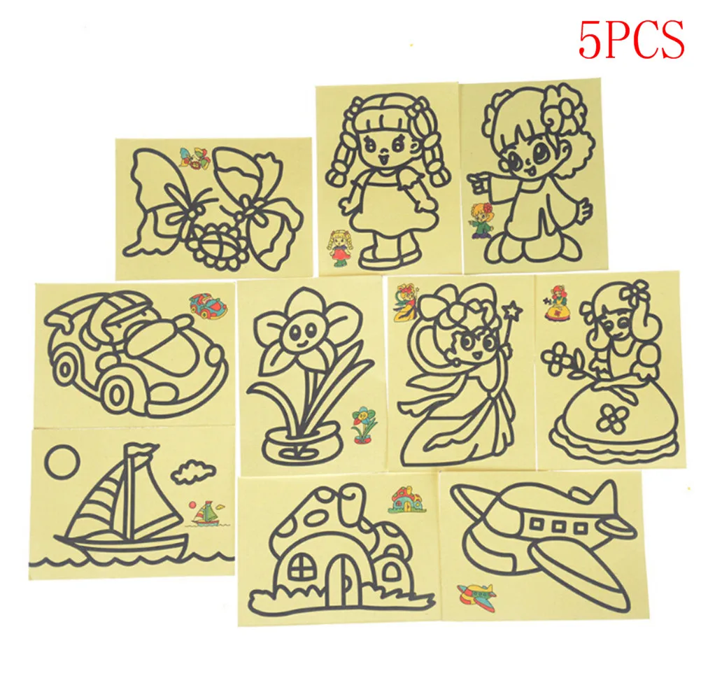 

5Pcs Sand Art Painting Cards Sand Art Kids Coloring DIY Crafts Learning Sand Painting Handmade Colored Cartoon Drawing Toys