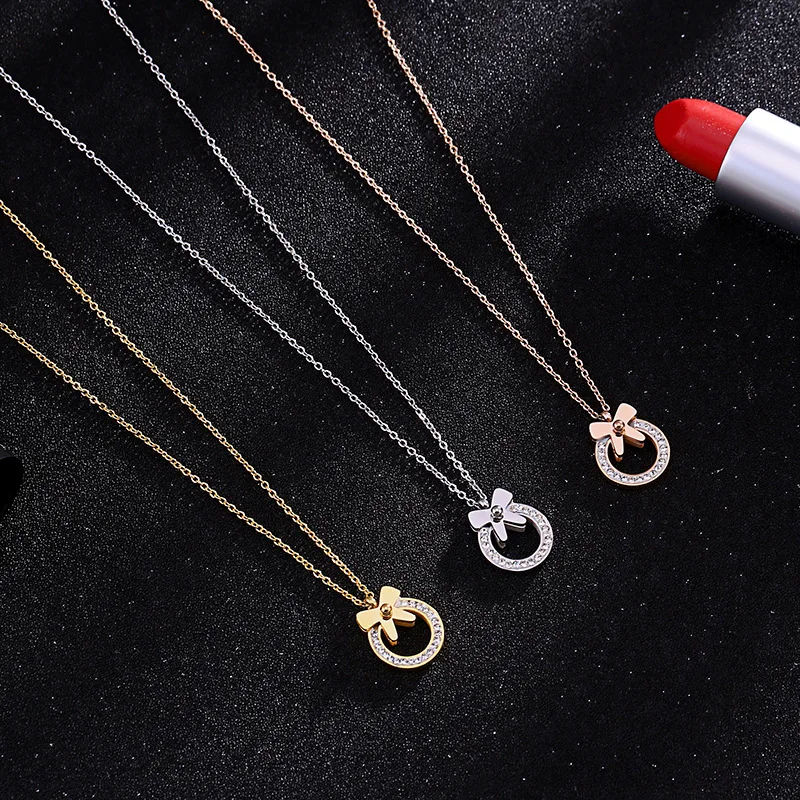 Fashion Cute Bowknot Rhinestone Heart Pendant Women Chain Stainless Steel Necklace Accessories Soft Bow Necklaces &amp Pendants | Украшения