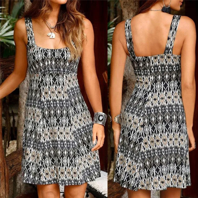 Summer Dress Women Halter Neck Boho Print Sleeveless Casual Mini Beachwear Sundress Sexy Spaghetti Strap Straight | Женская одежда