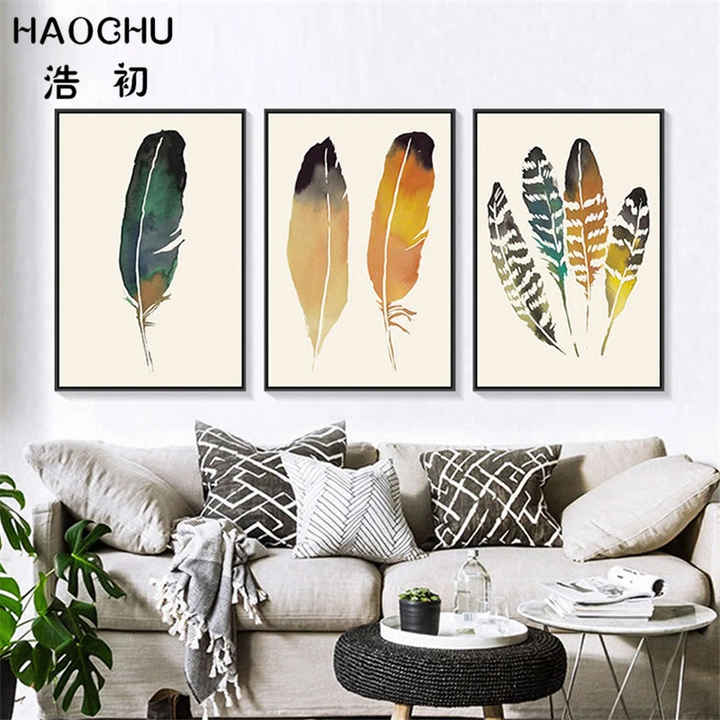 Фотообои с винтажным рисунком акварельных перьев|canvas painting|art print posterabstract picture |