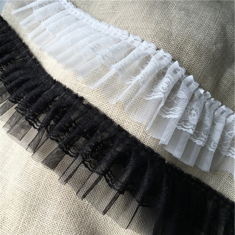 

Top grade 10Yards White/black fold lace trimming 8cm 2layer ruffle mesh lace trim X003