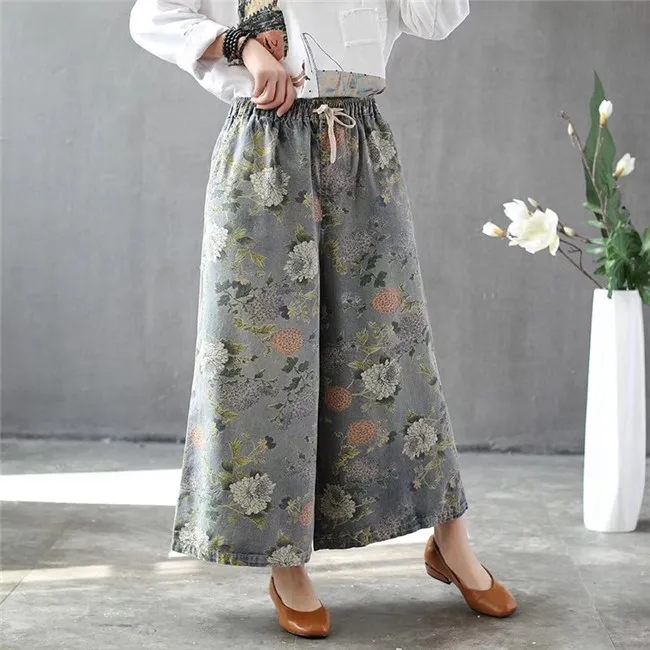 

2019 summer loose big yards joker show thin cowboy wide-legged WOMEN pant printing elastic waist tie and pants LONG GIRL