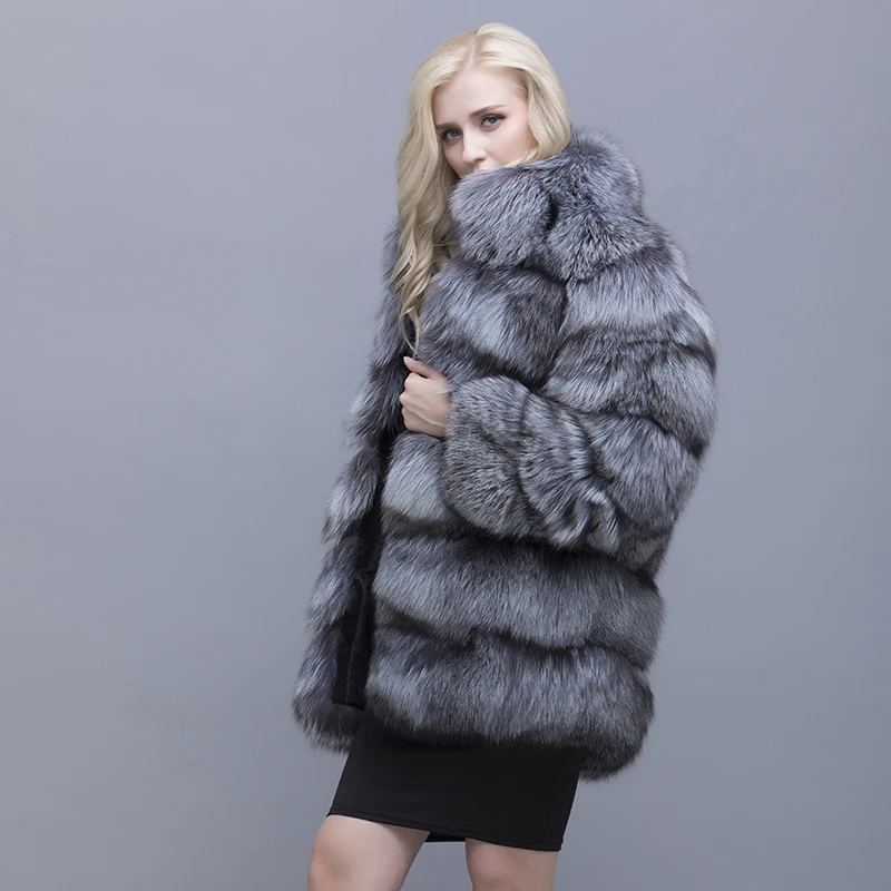 QIUSIDUN Real Fox Fur Mandarin Collar Long Coat Winter Warm Fashion Large Size Woman's Fur Coat Pocket Female Fox Fur Clothing