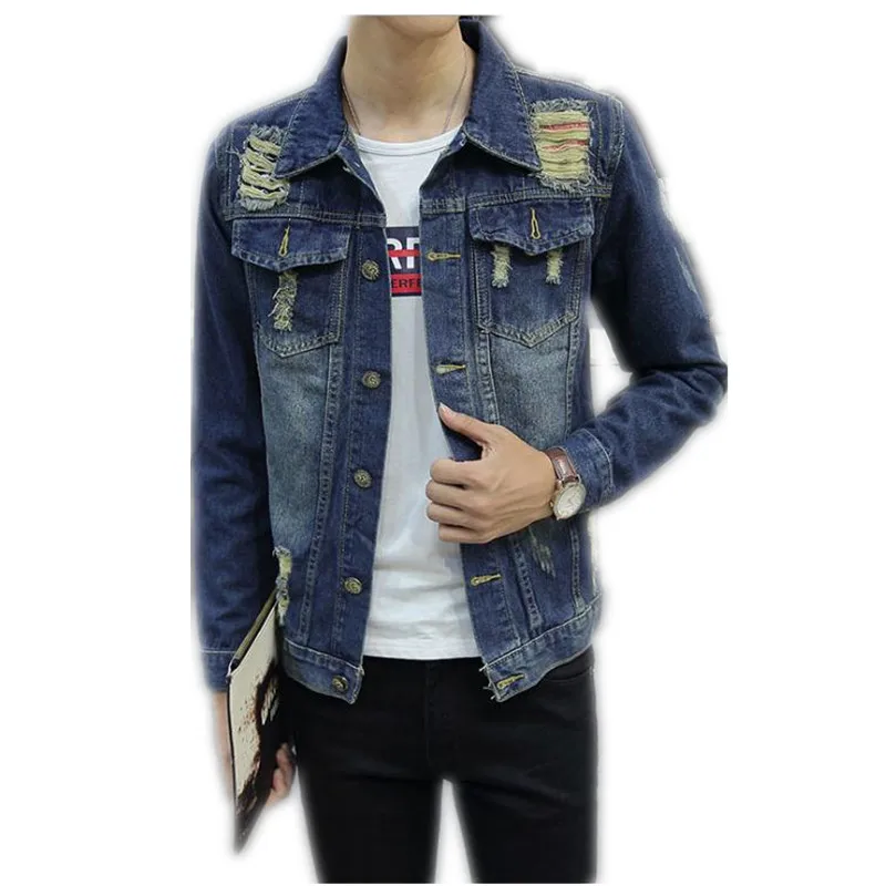 

2018 New Spring Autumn Men Short Denim Jacket Long Sleeve Wide-Waisted Holes Fashion Men Coat Turn-Down Collar Men Jacket Q163