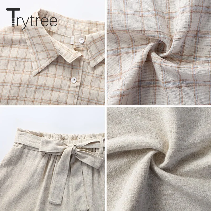 Комплект из трех предметов Trytree Женский повседневный льняной топ в клетку и шорты