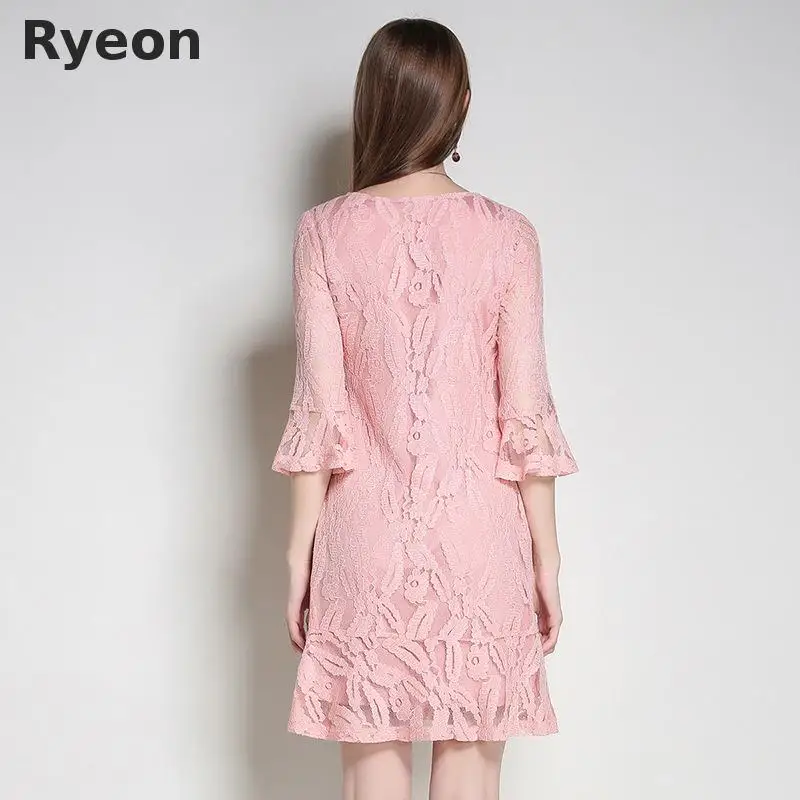 Ryeon L 5xl Плюс Размер Повседневная Кружева Женщин Dress Оборками Выше Колена мини Flare