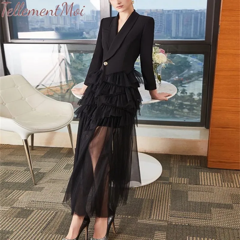 Женские платья Maxi Mesh Patchwork с отворотом длинными рукавами элегантный Блейзер