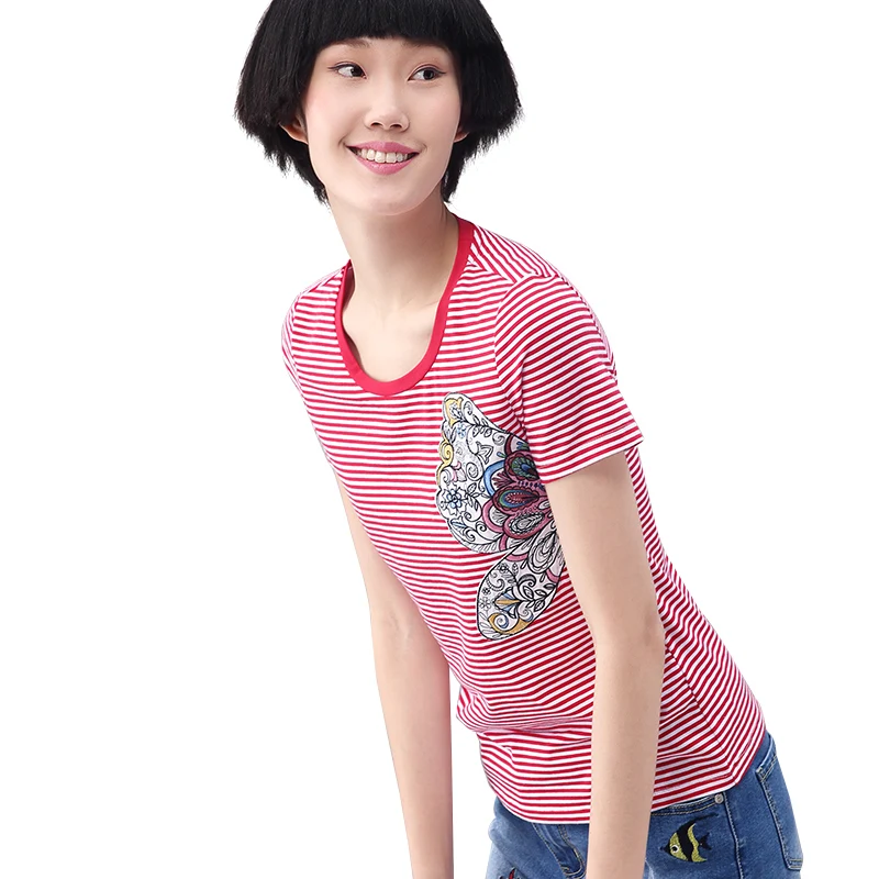 Striped T Shirt Femme Short Sleeve Tshirt Women 2017 Summer New Embroidery Casral Cotton O Neck Slim Tops 192ST154 | Женская одежда