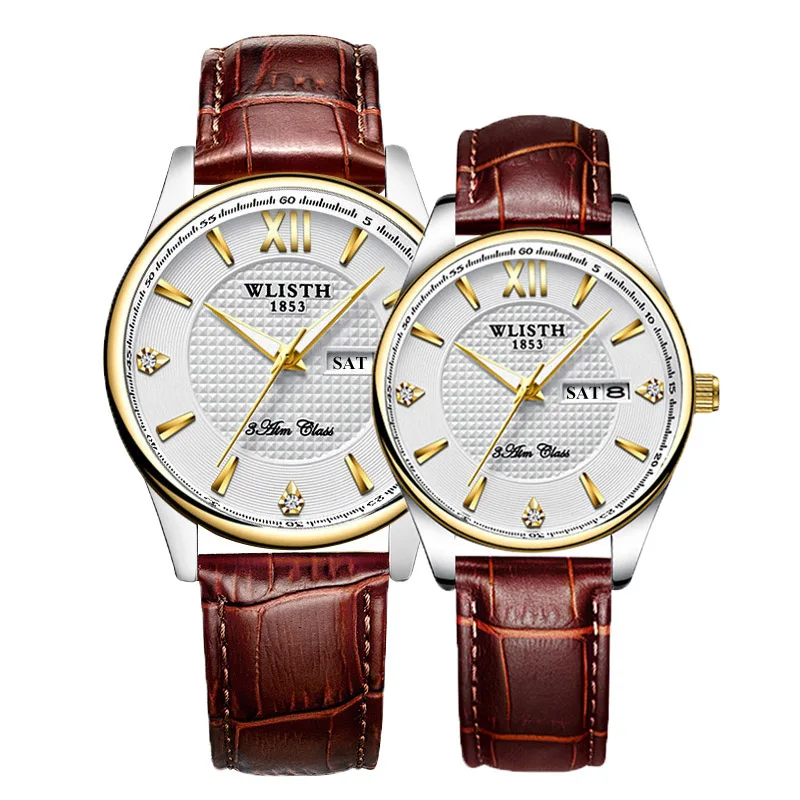 LeatherTwotone White Пара Наручные часы Высокое качество Топ Марка wlisth Бизнес часы для Для мужчин час Для женщин часы с двойным календарем женские часы для влюбленных - Цвет: LeatherTwotone White